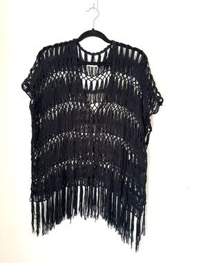 Verty Black Crochet and fringe poncho top